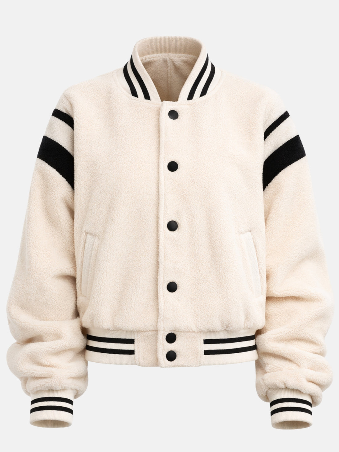 Cream sherpa fleece varsity jacket with black sleeve stripes, front view on model