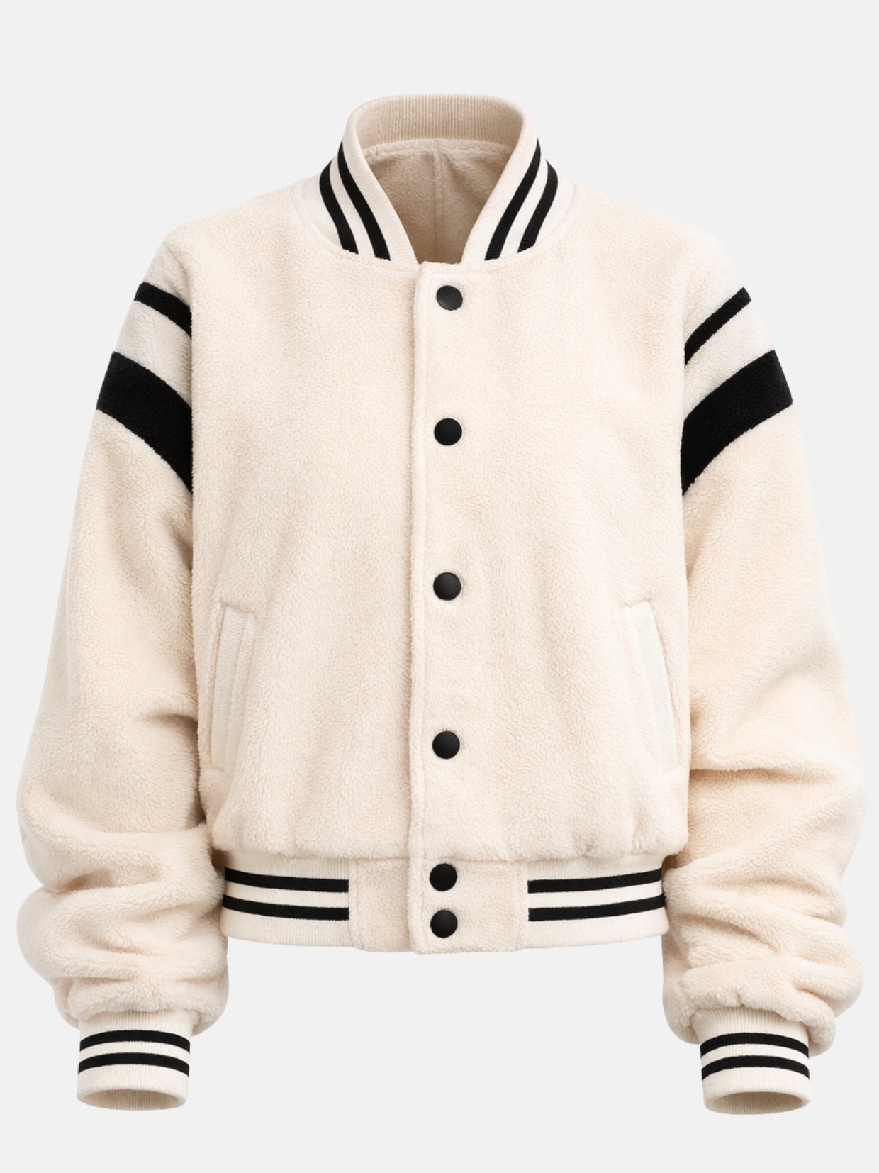 Flat lay front of cream sherpa fleece varsity jacket with black double-stripe trim