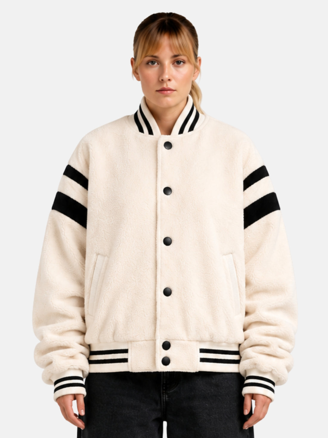 Cream sherpa fleece varsity jacket with black sleeve stripes, front view on model