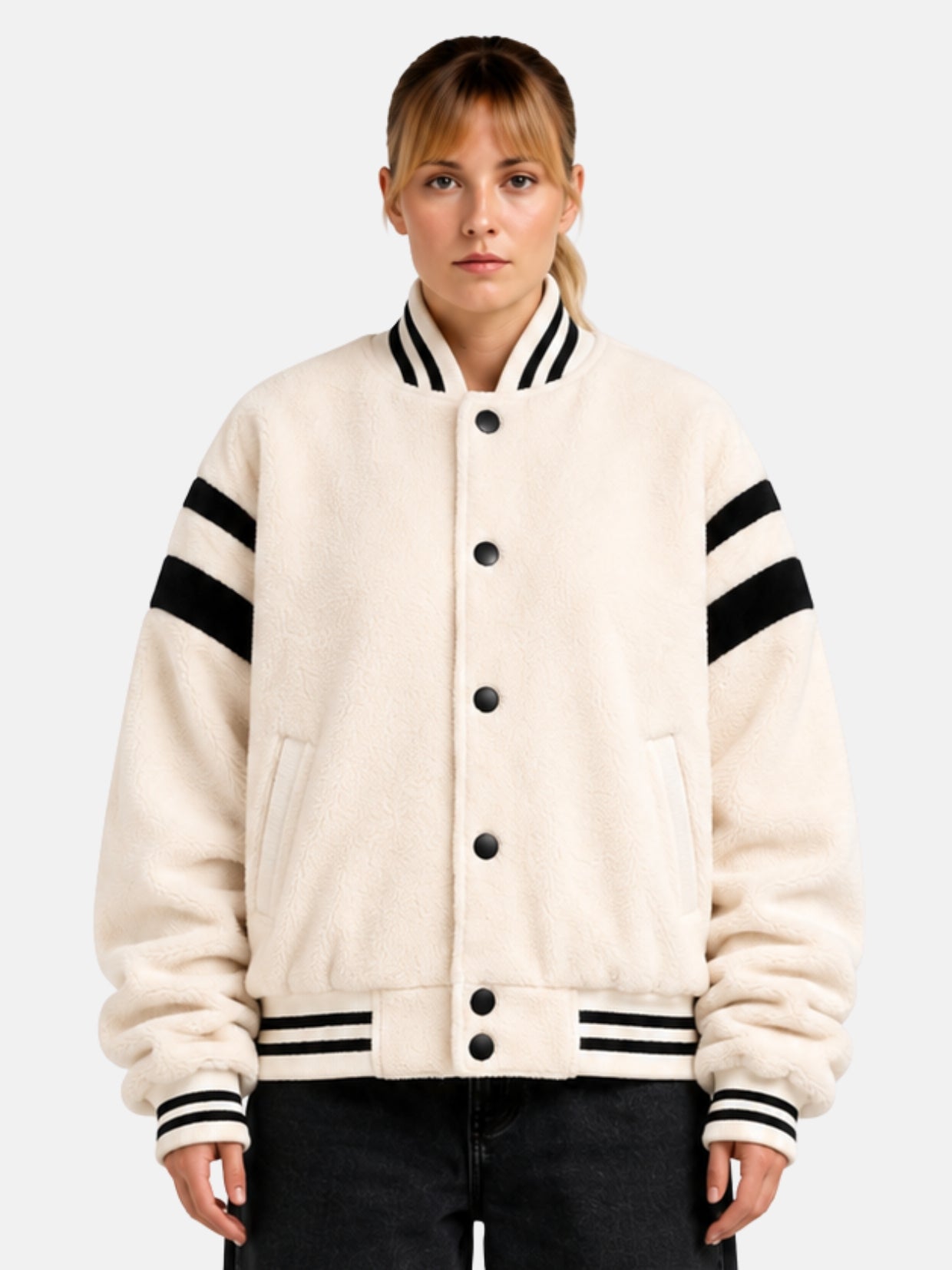 Cream sherpa fleece varsity jacket with black sleeve stripes, front view on model