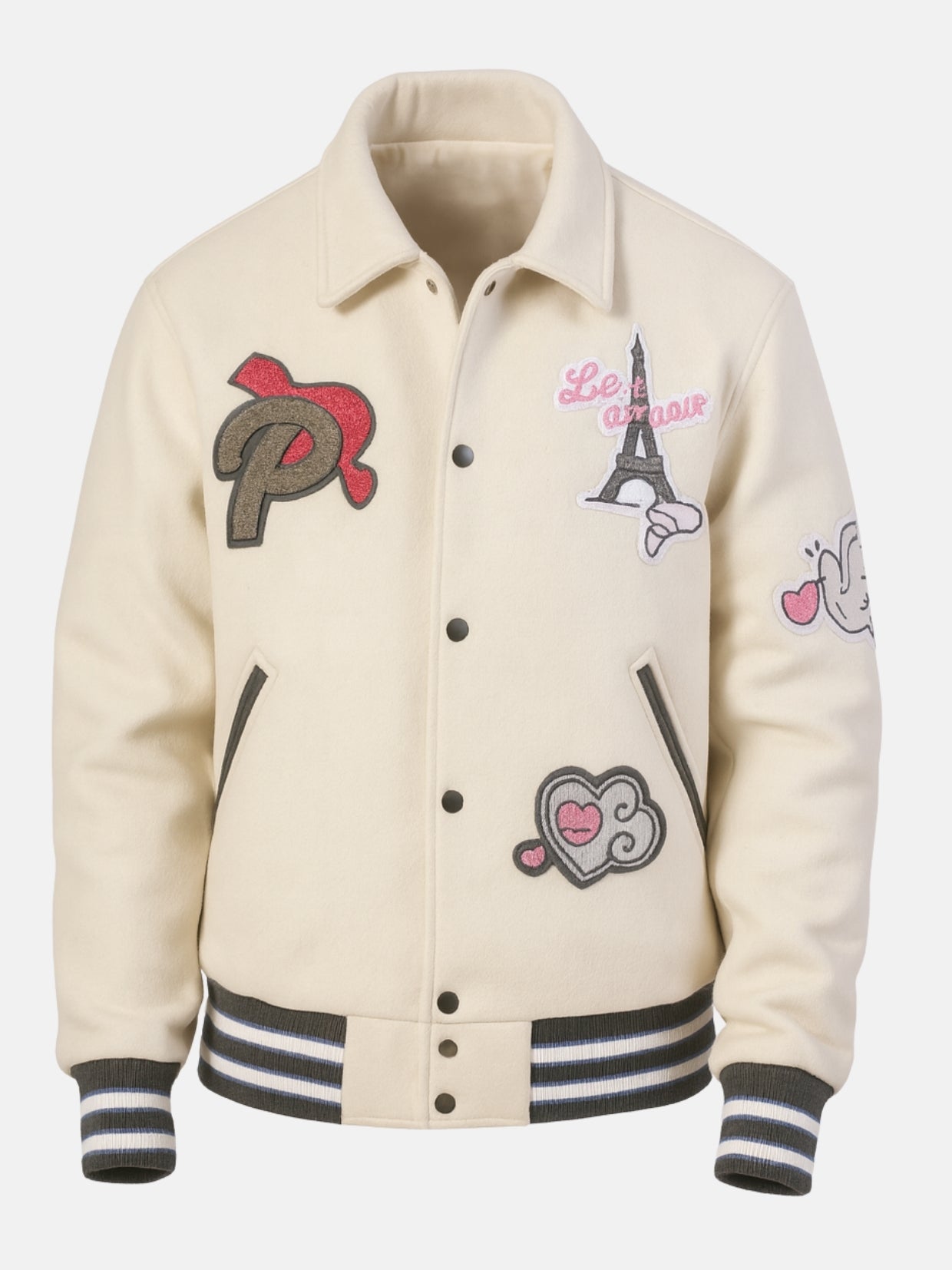 Beige wool varsity jacket flat front with chenille P patch and gunmetal snaps