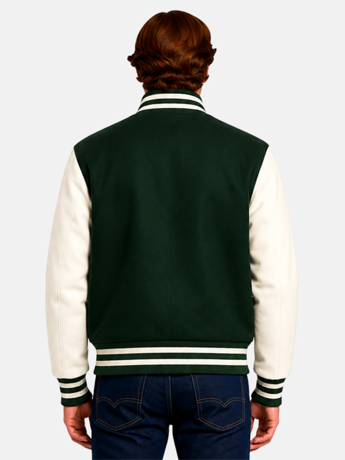 Back view of dark green varsity jacket with clean, patch-free back panel