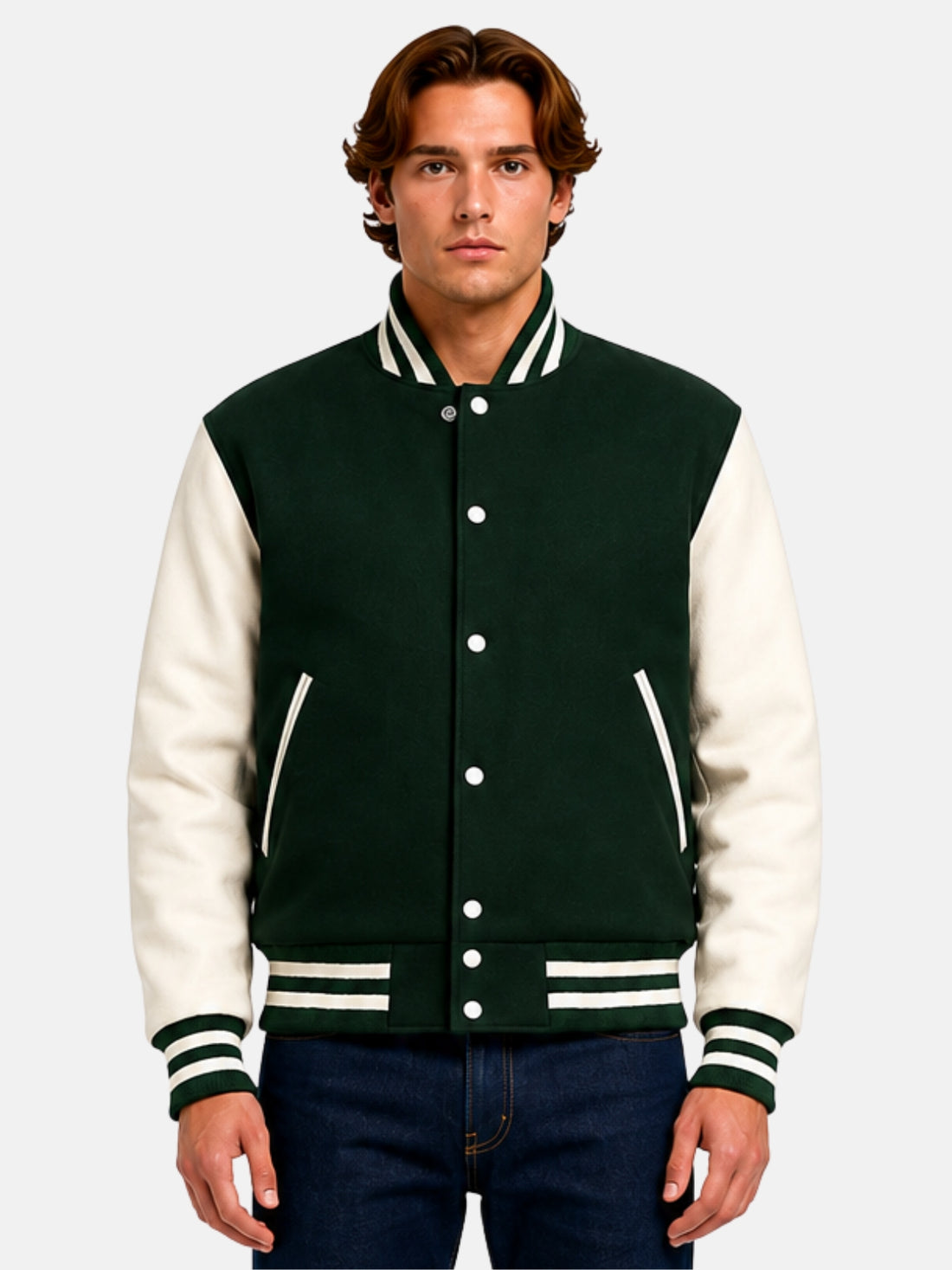 Man wearing a dark green varsity jacket with white sleeves and striped rib trims