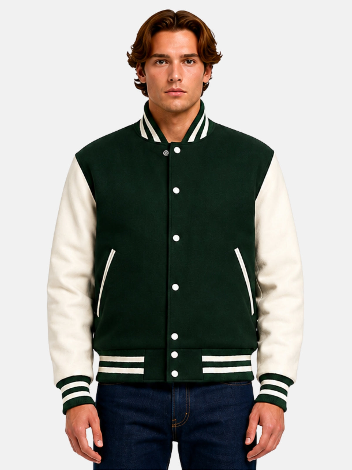 Man wearing a dark green varsity jacket with white sleeves and striped rib trims