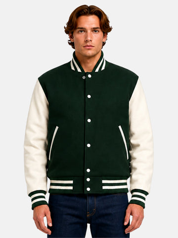 Man wearing a dark green varsity jacket with white sleeves and striped rib trims