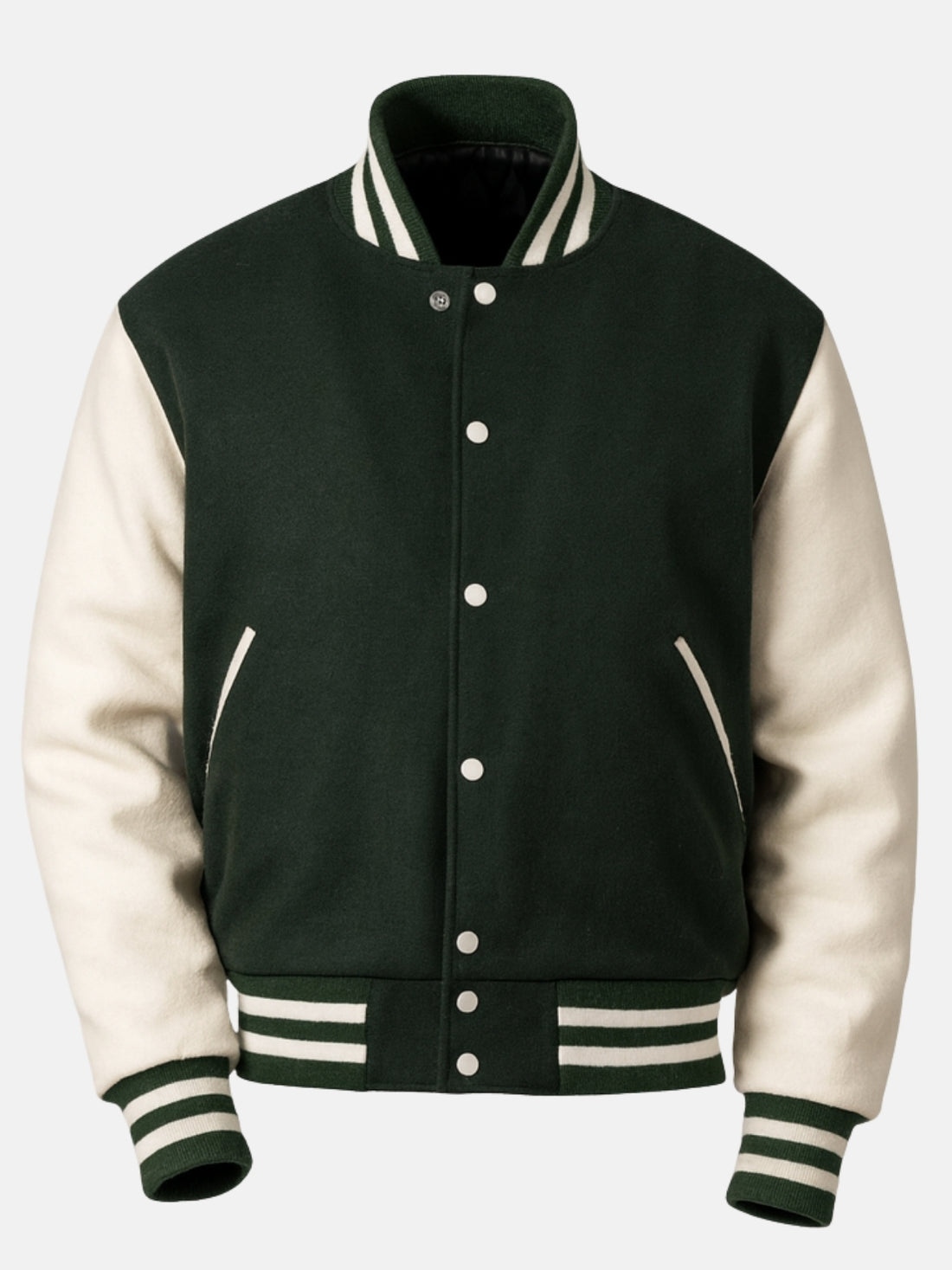 Man wearing a dark green varsity jacket with white sleeves and striped rib trims