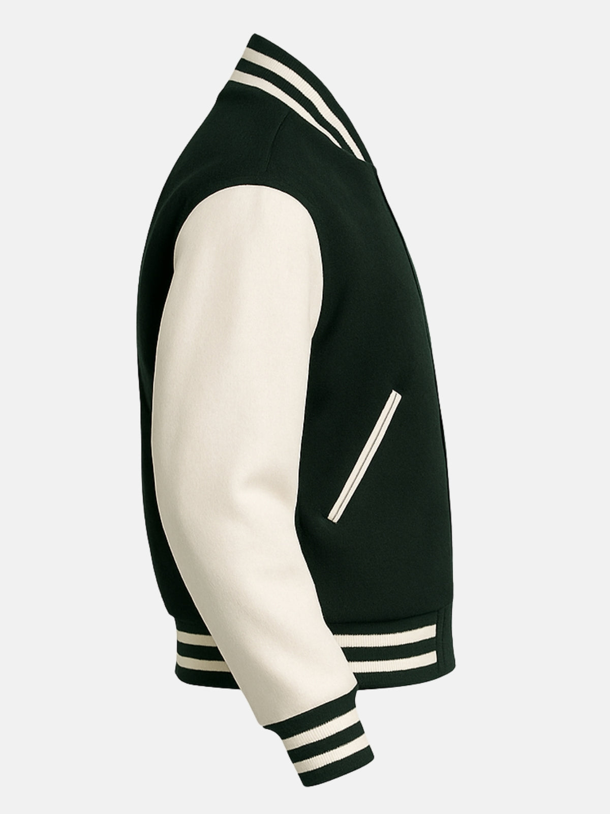 Flat side view of dark green varsity jacket showing white welt piping