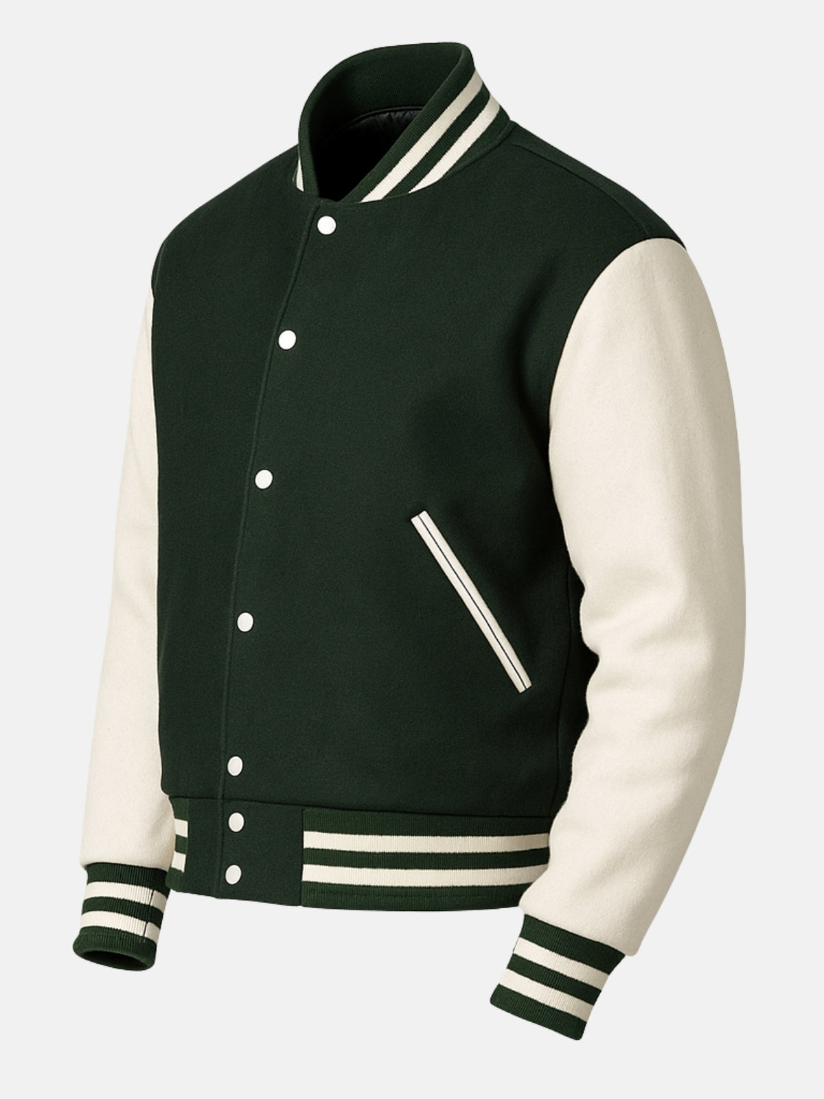 Angled front view of dark green wool varsity jacket with snap placket and hem tab