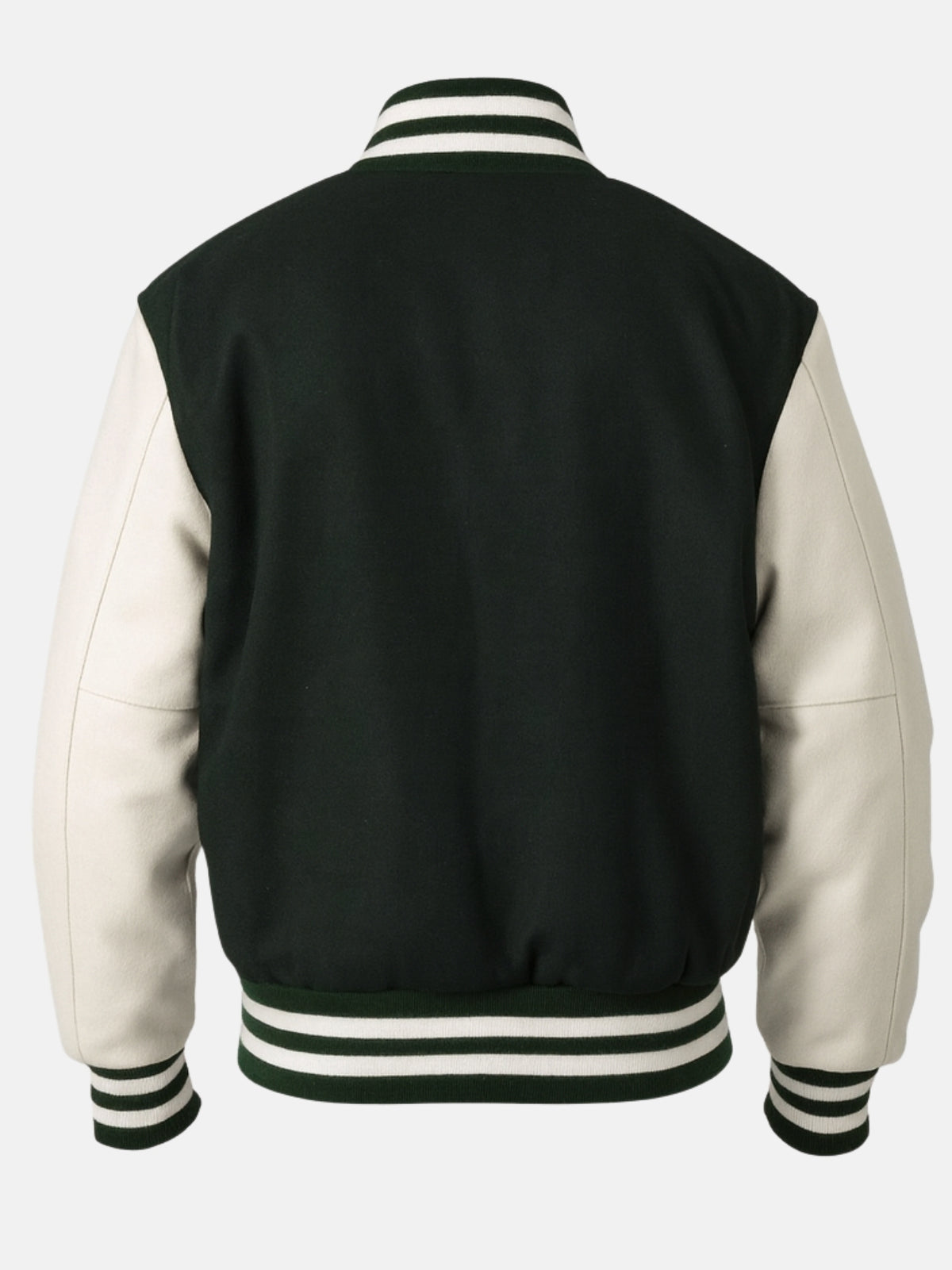 Flat back shot of bottle green wool varsity jacket with white sleeves