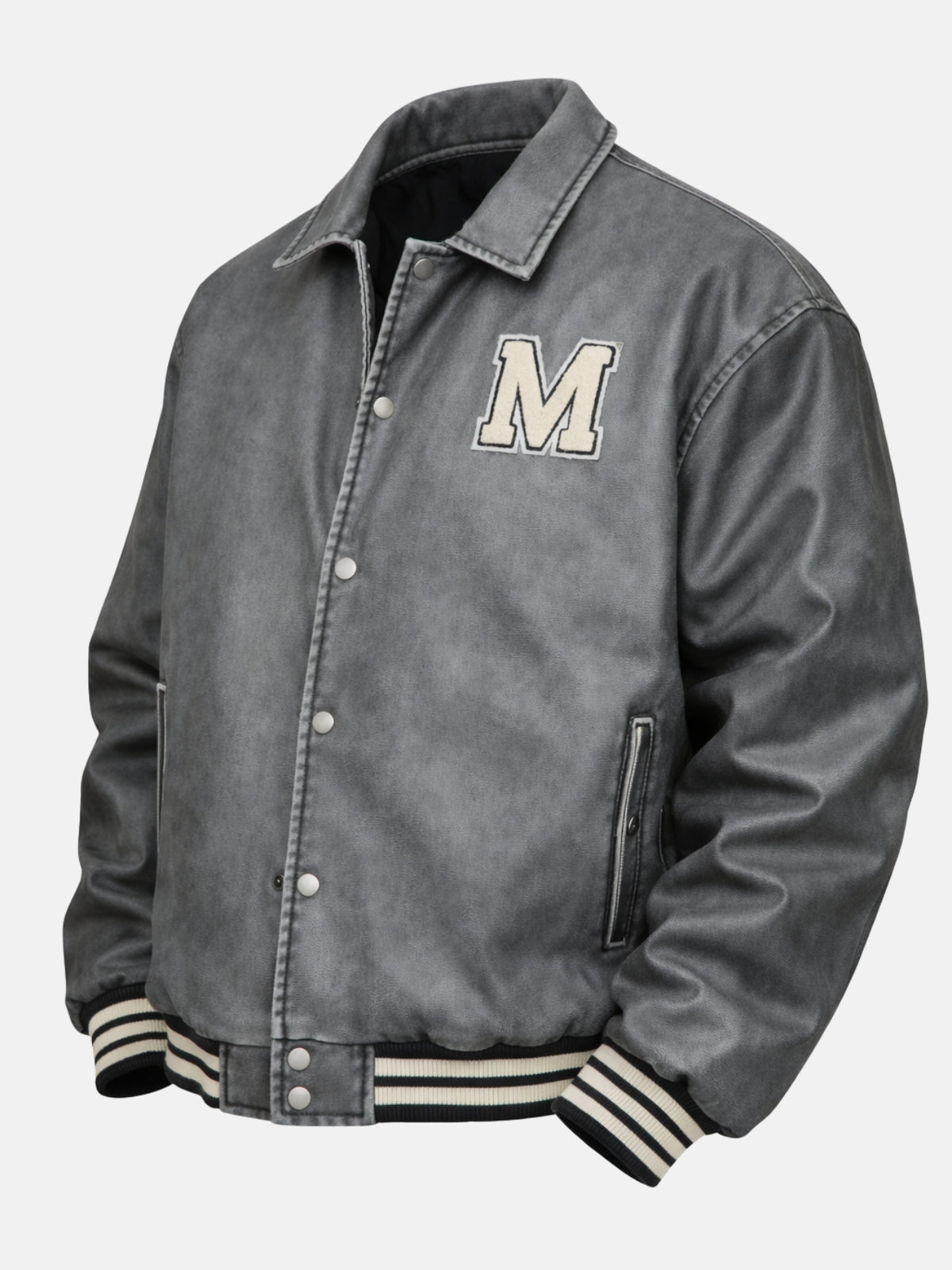 Angled front view of a distressed grey varsity jacket with chenille M patch and collar