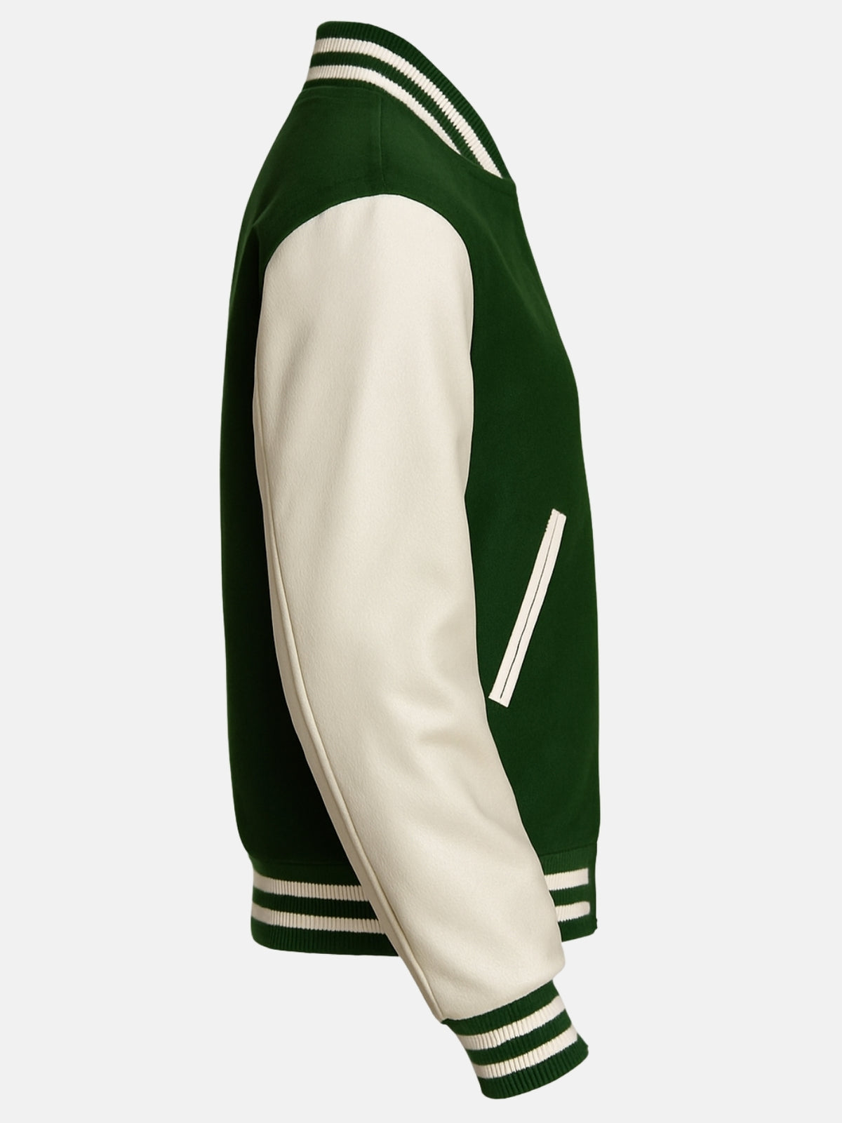 Flat side view showing cream welt pocket trim and striped hem