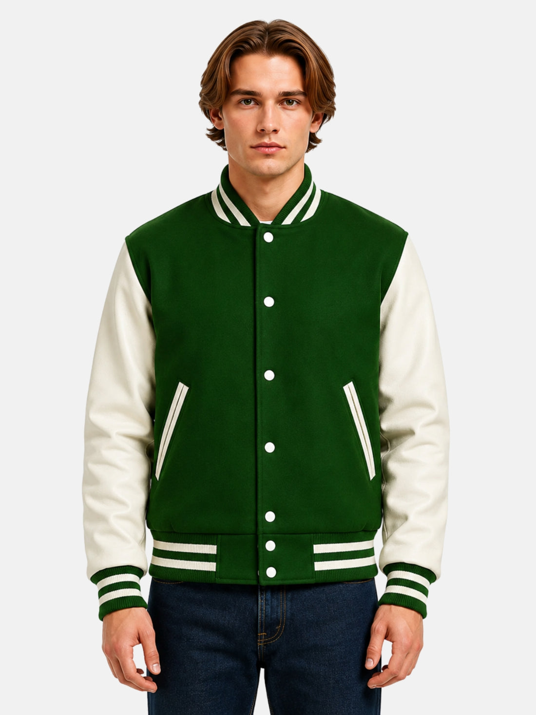 Man wearing a forest green wool varsity jacket with cream sleeves and striped trims