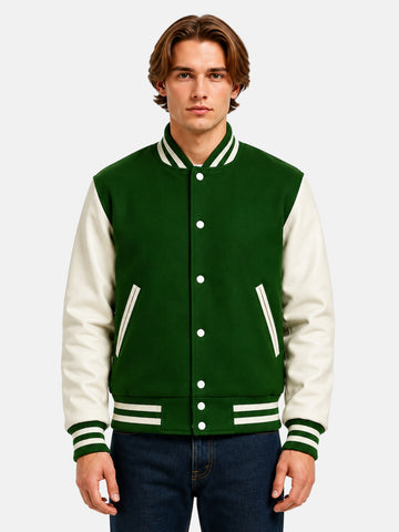  Man wearing a forest green wool varsity jacket with cream sleeves and striped trims