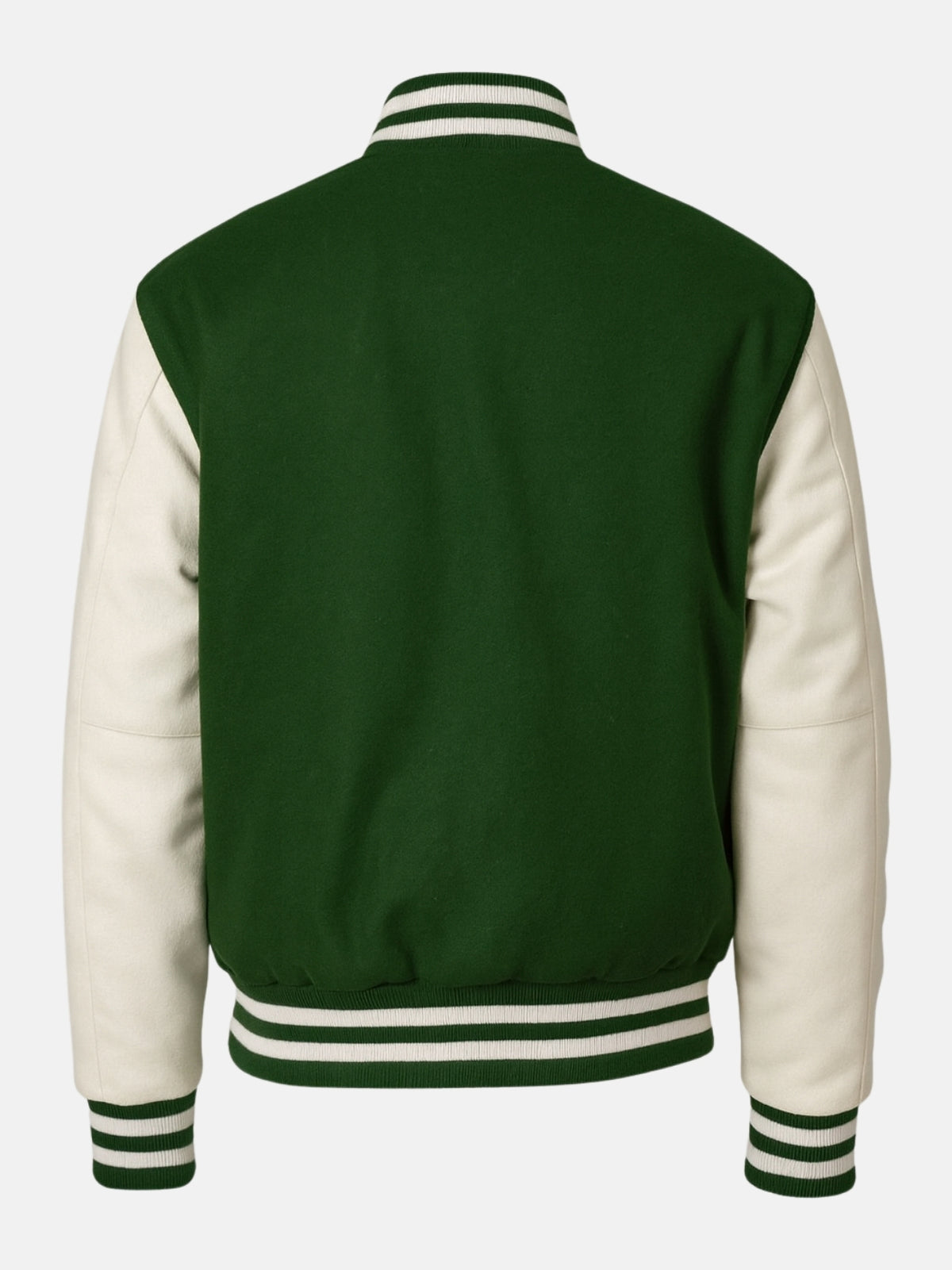 Flat back shot of forest green wool varsity jacket with cream sleeves