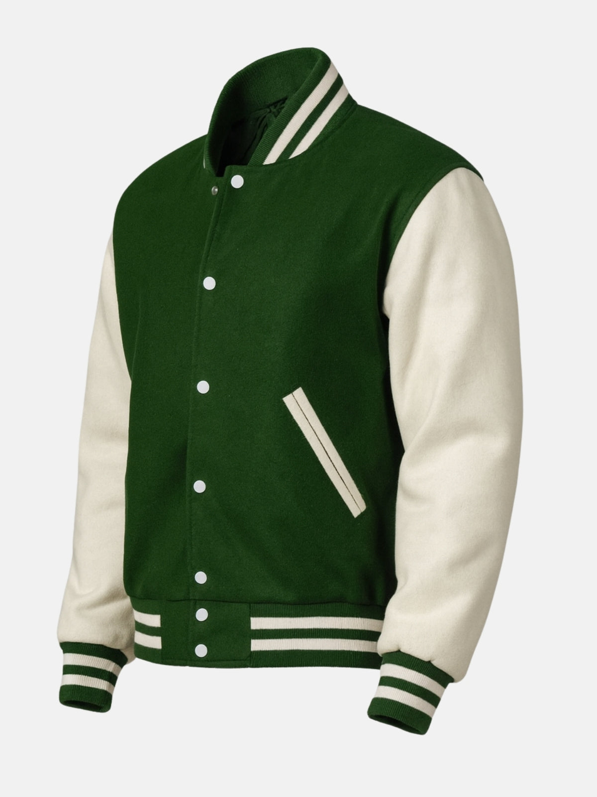Angled front view of forest green varsity jacket with snap placket and hem tab