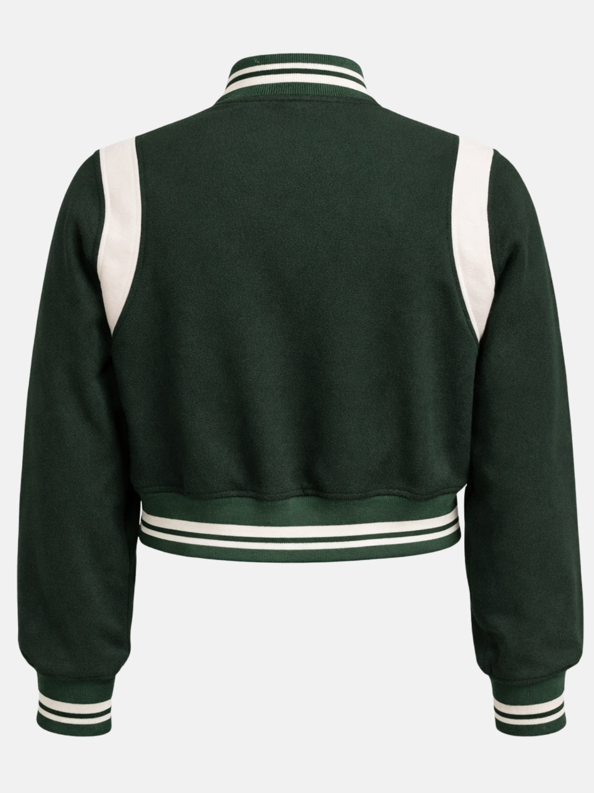 Flat lay, back, solid wool panel with the cream shoulder inserts meeting at the collar seam