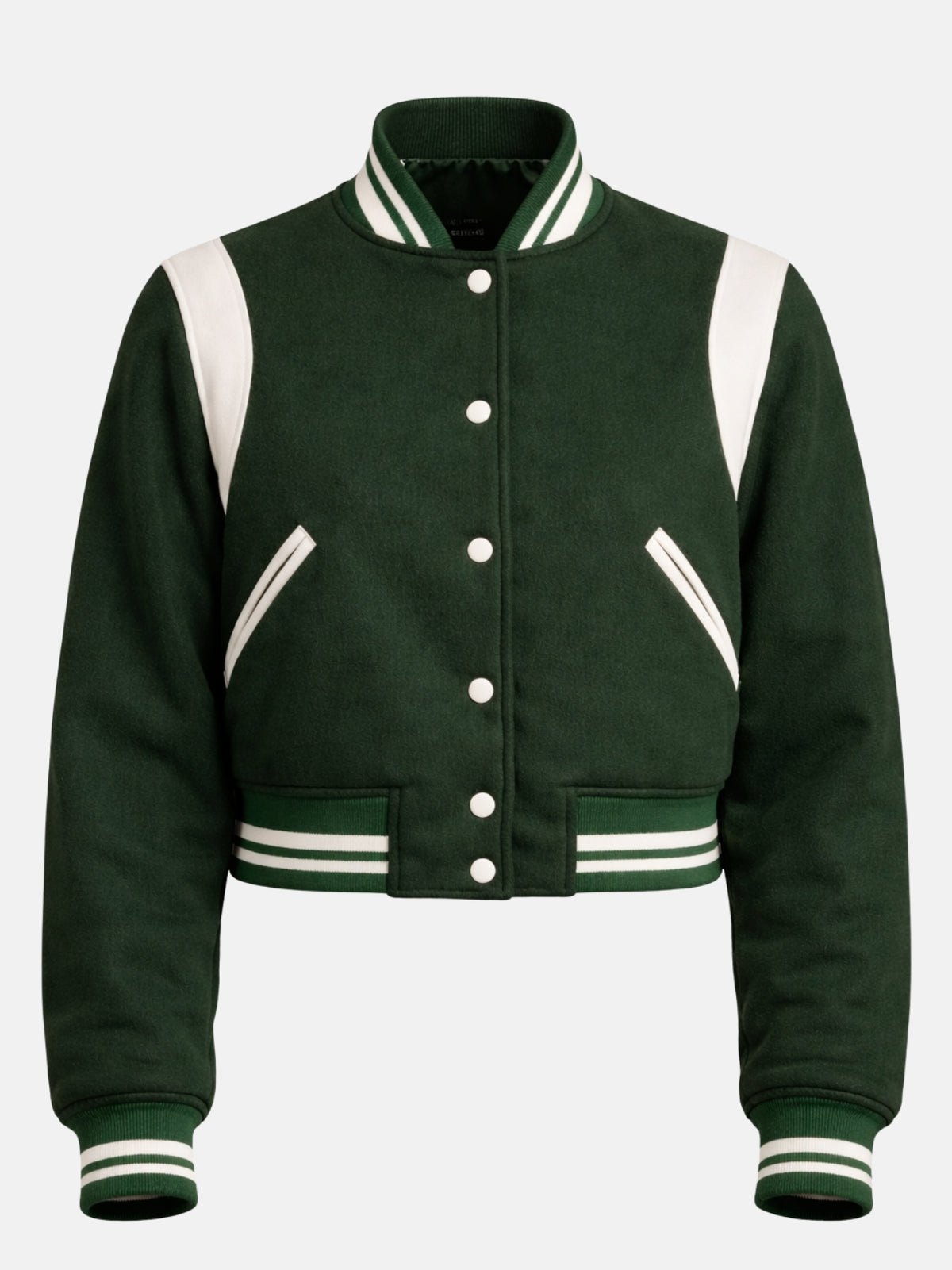 Flat lay, front, jacket fully snapped showing both cream shoulder panels and welt pockets symmetrically