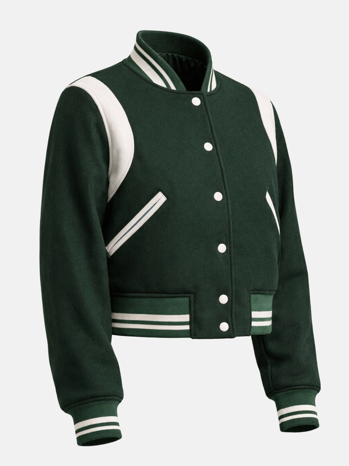 Flat lay, opposite three-quarter angle, showing the ribbed collar stripe and shoulder panel curve from the other side