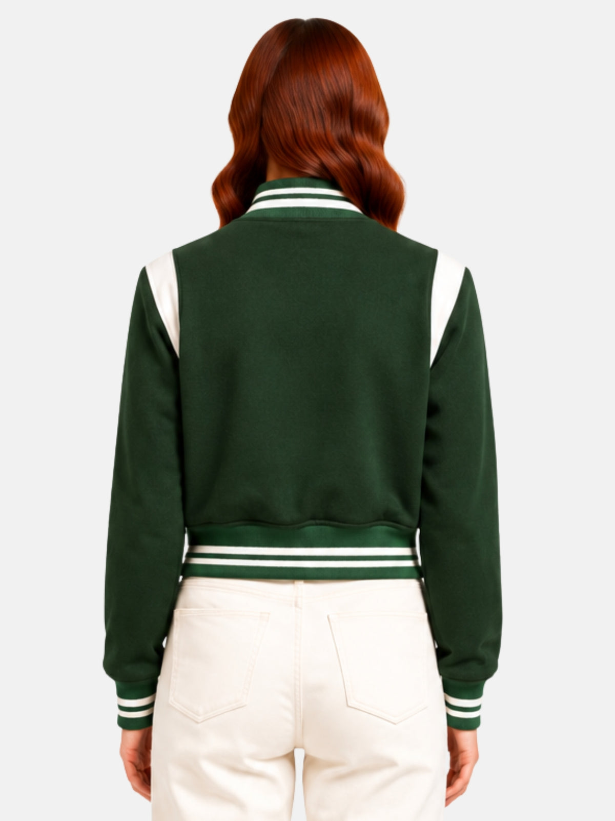 Back view of model showing the solid forest green wool back panel with cream leather shoulder yokes framing the collar