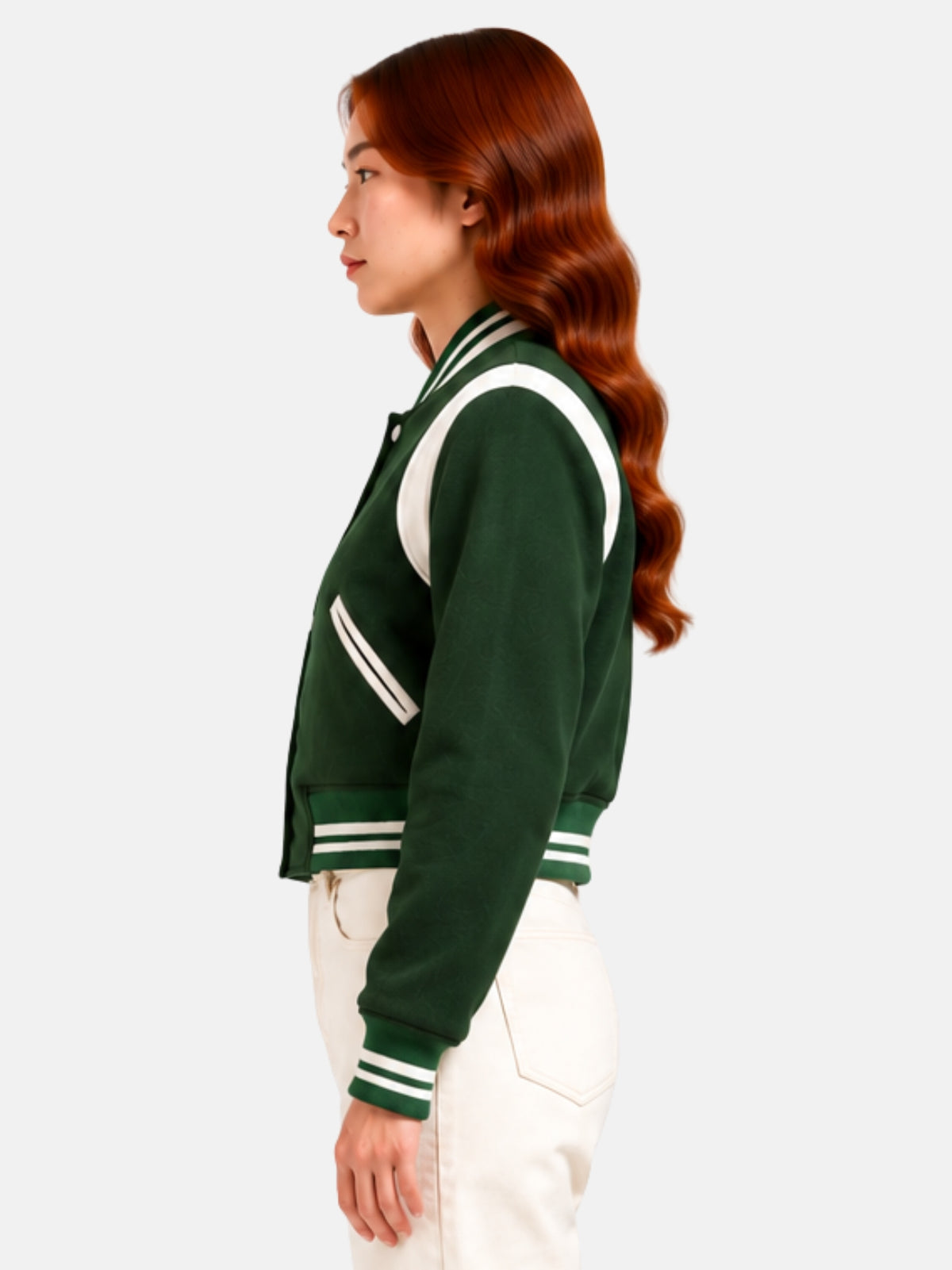 Side profile of model showing the besom side pocket with cream welt trim and the cream shoulder panel curving down toward the sleeve