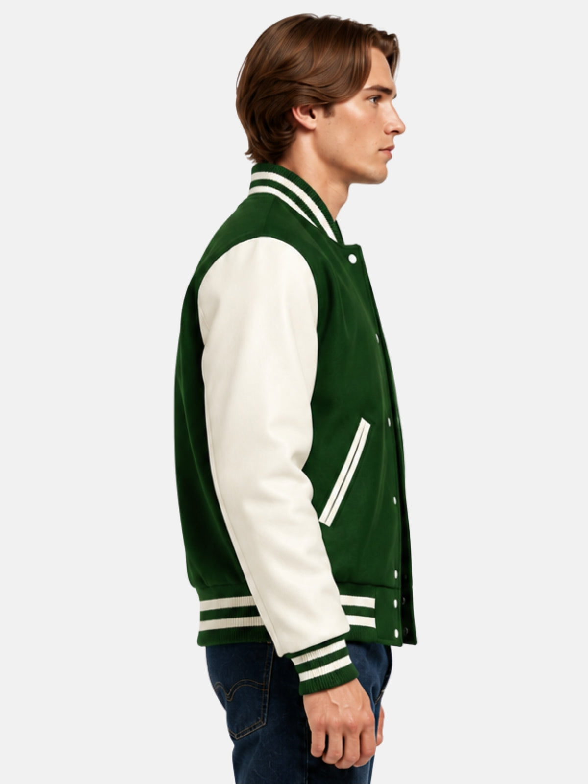 Side profile of forest green wool varsity jacket showing cream sleeve and striped cuff