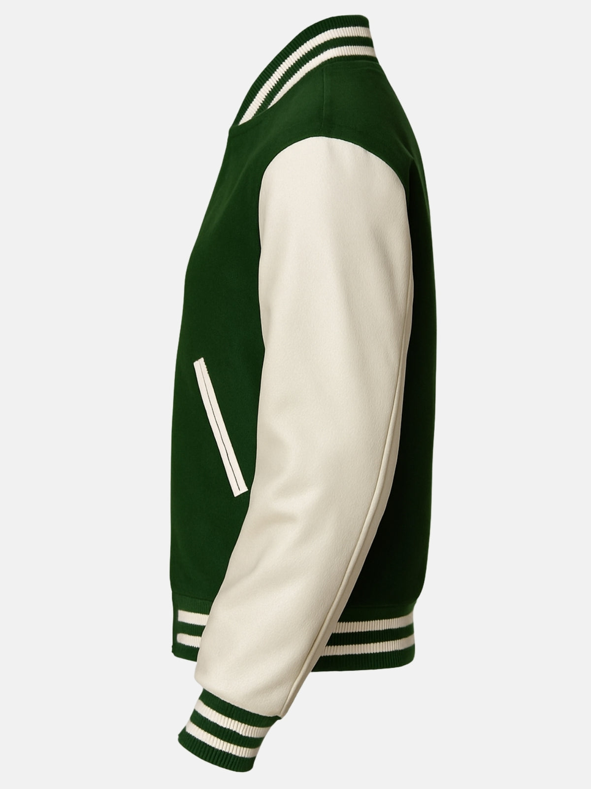 Side flat view of full wool varsity jacket in green with cream sleeve