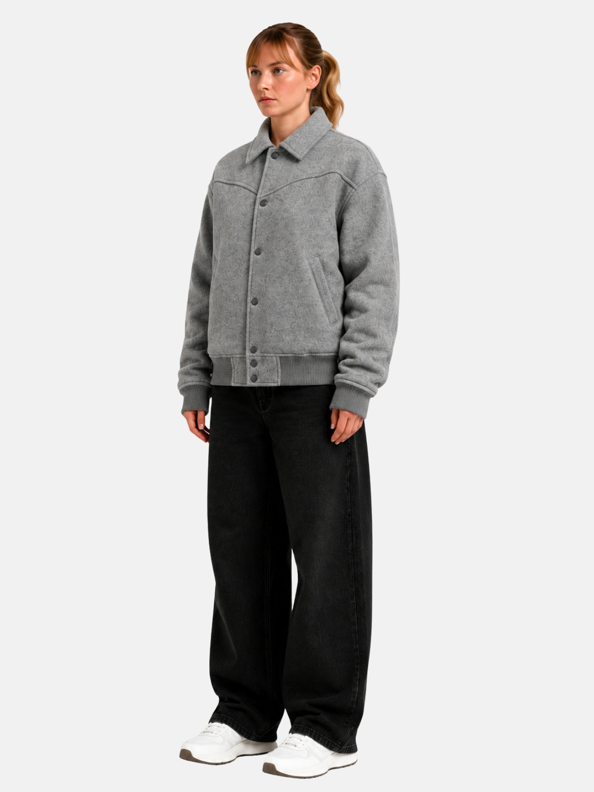 Angled full-body view of oversized gray wool heritage letterman jacket