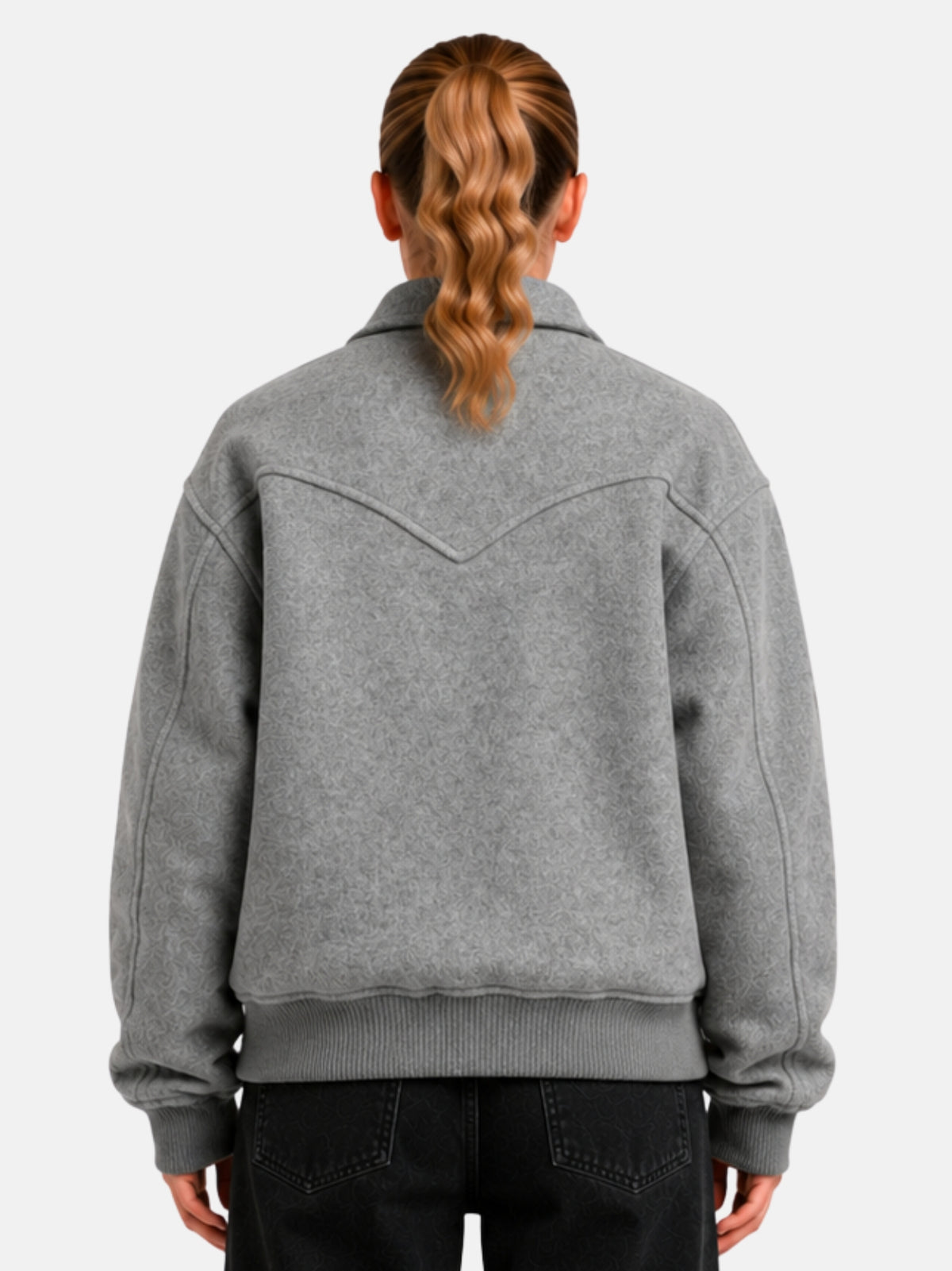 Back view of heather gray wool jacket with pointed western yoke seam