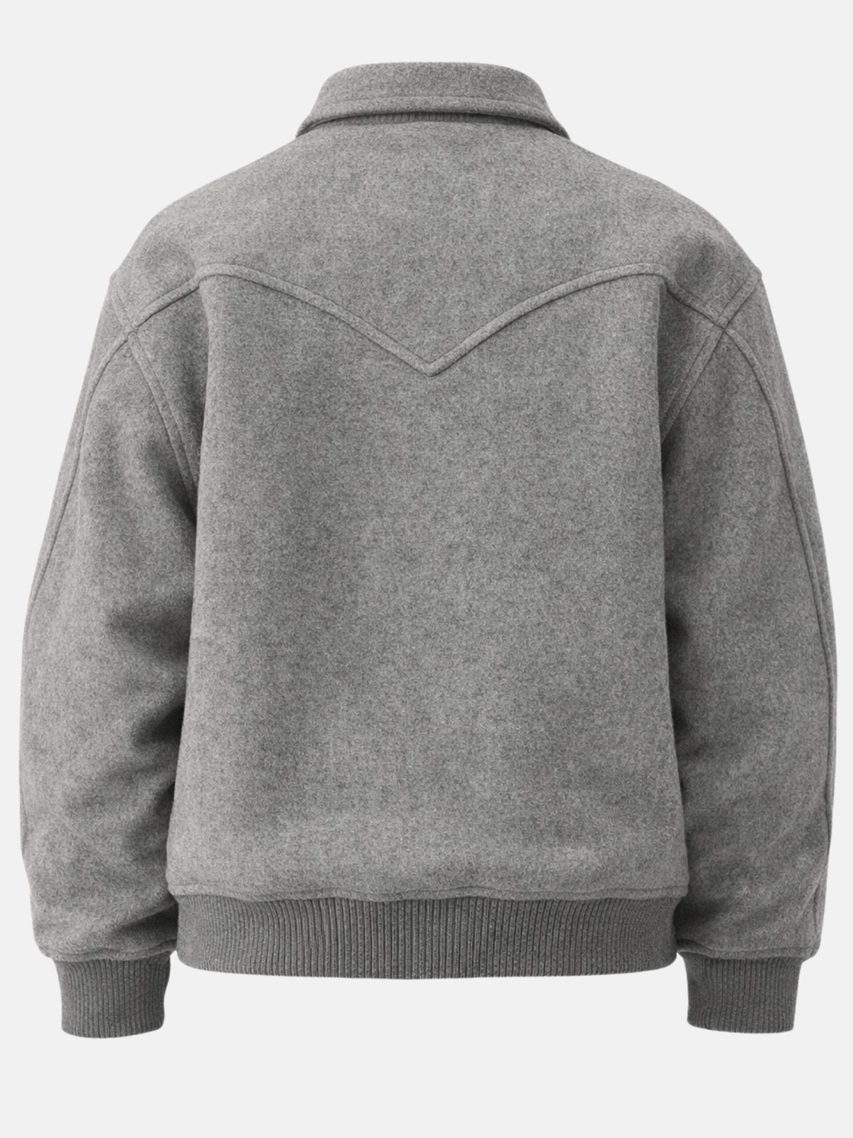 Flat lay back of gray wool jacket showing the western chevron yoke seam