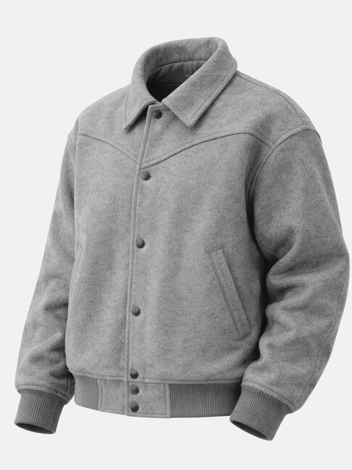 Flat lay front of heather gray wool jacket highlighting the point collar