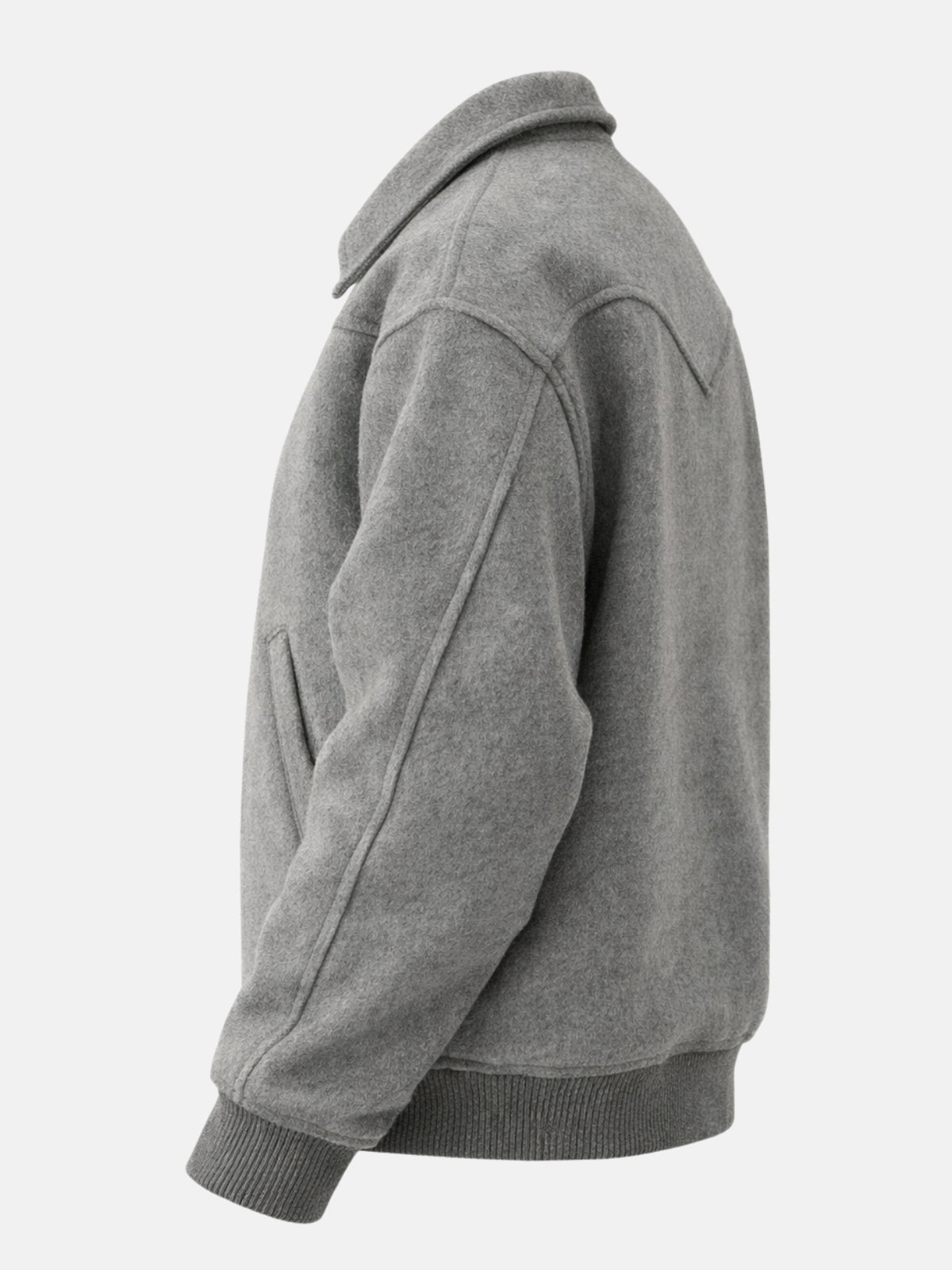 Flat lay side view of gray wool trucker jacket with self-tone ribbing