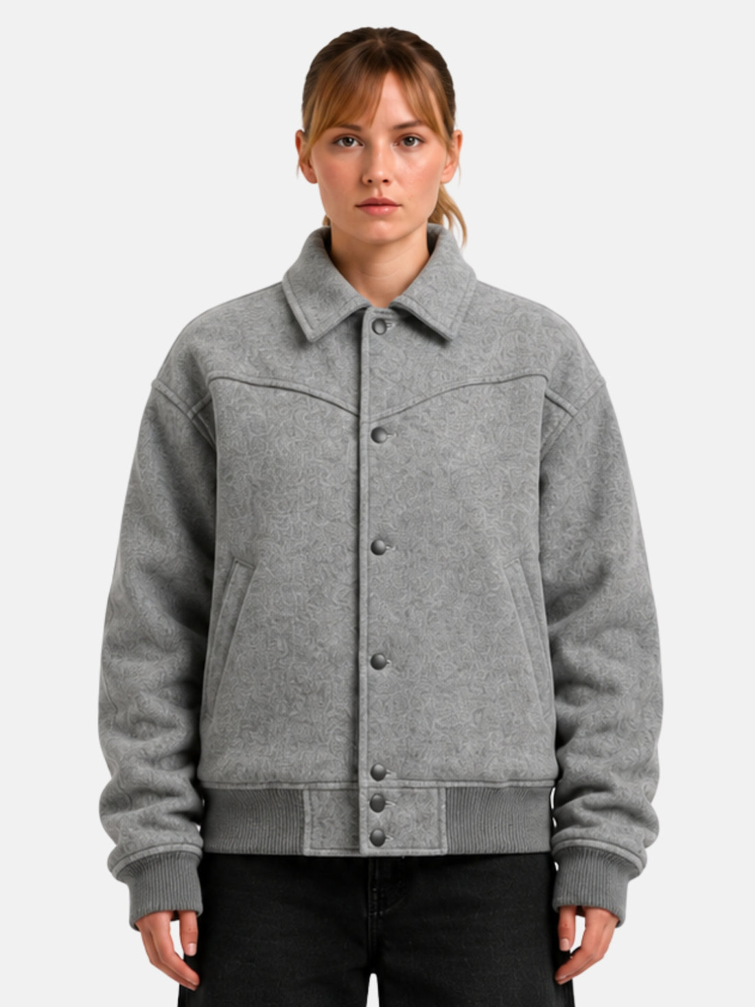 Heather gray wool trucker jacket with western yoke and point collar
