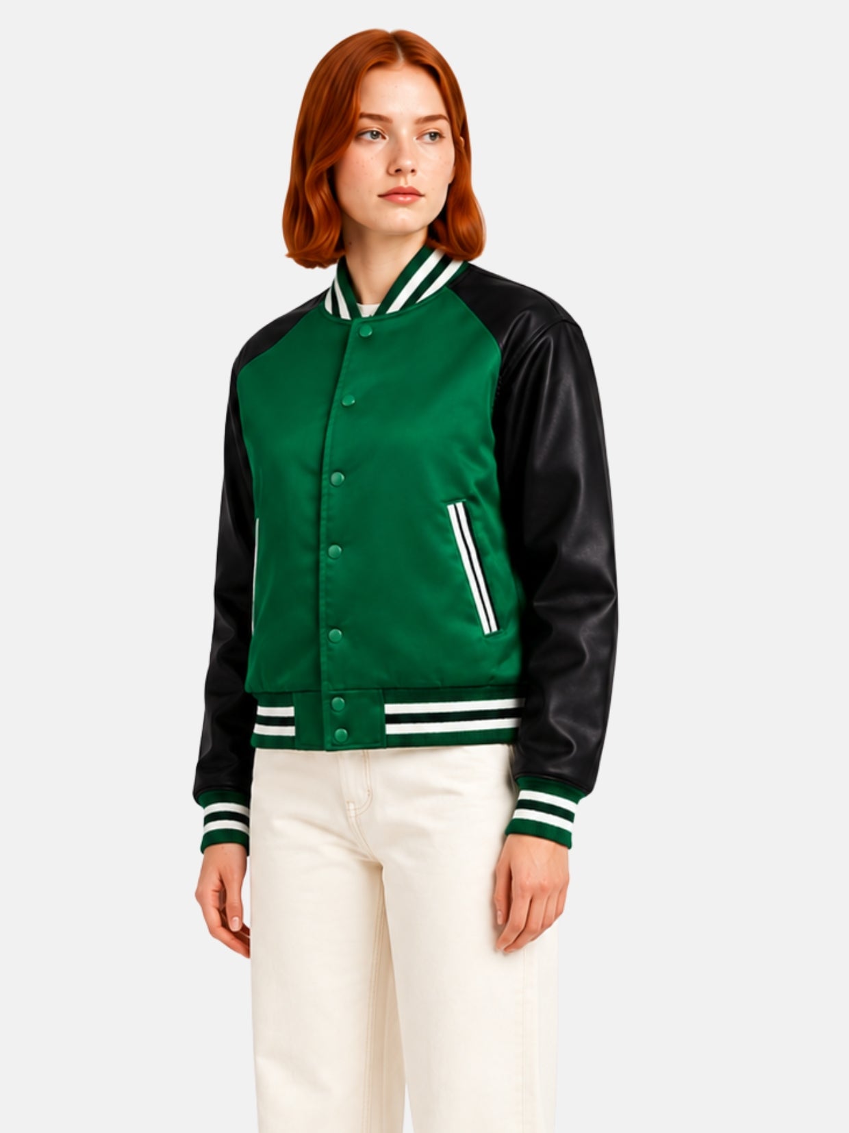 Angled full-body view of green satin jacket with black satin sleeves