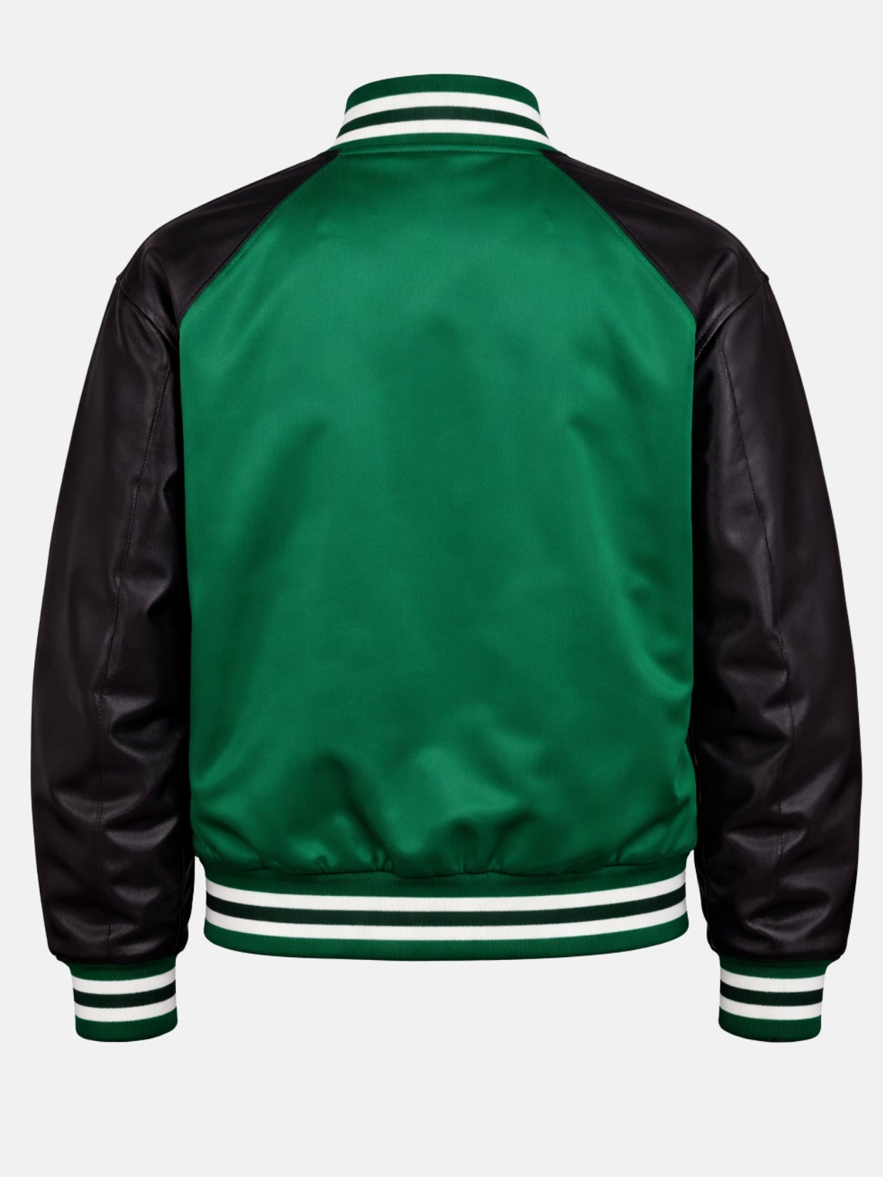 Flat lay back of green satin jacket showing black satin raglan seam