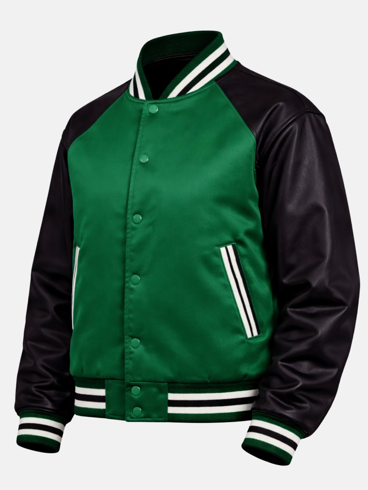 Flat lay front of green satin jacket highlighting piped welt pockets