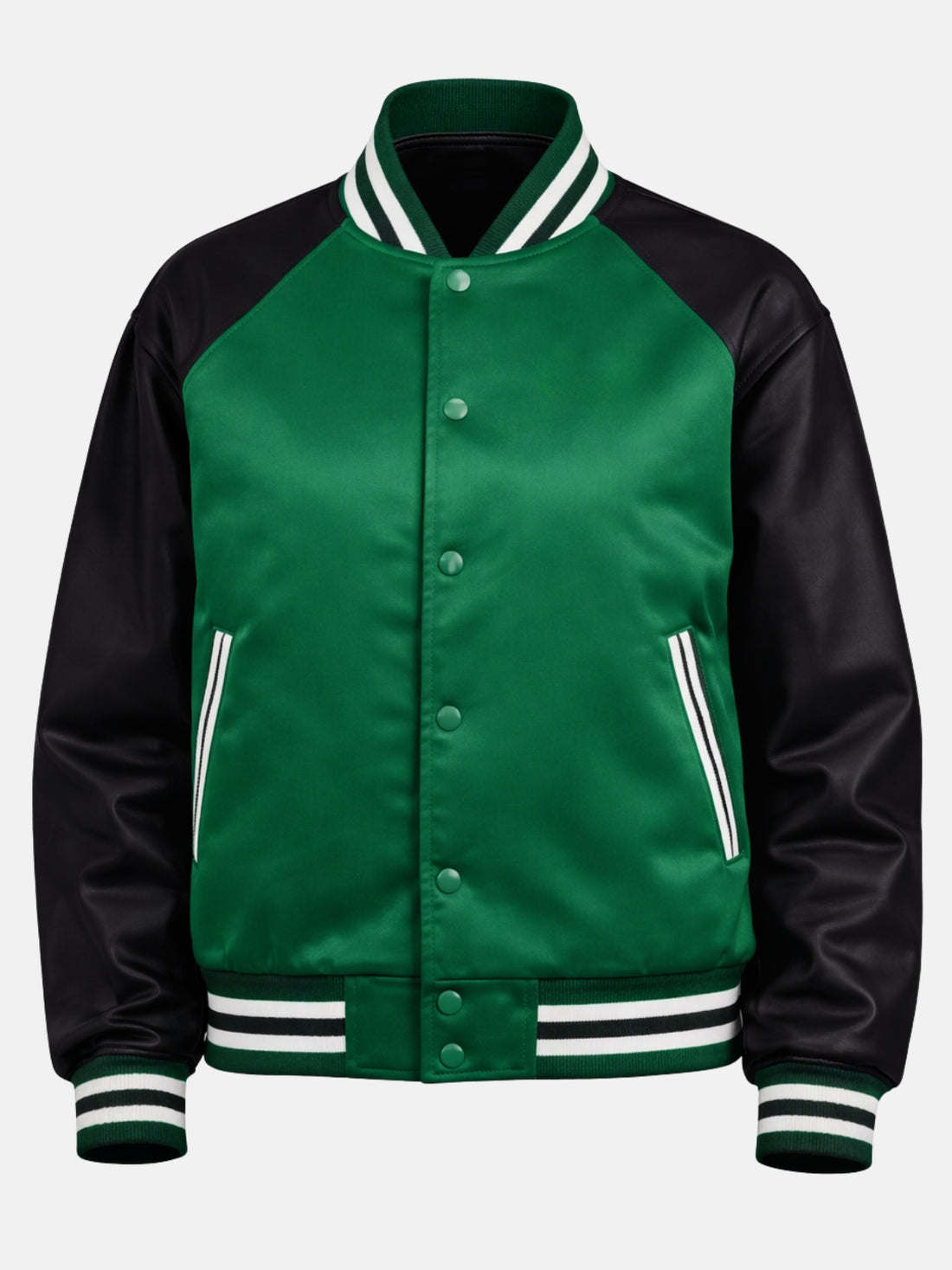 Green satin varsity jacket with black satin sleeves and ribbed collar