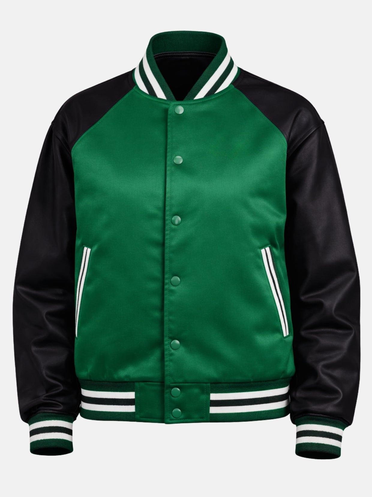 Flat lay front of green satin jacket with black sleeves and piped pockets