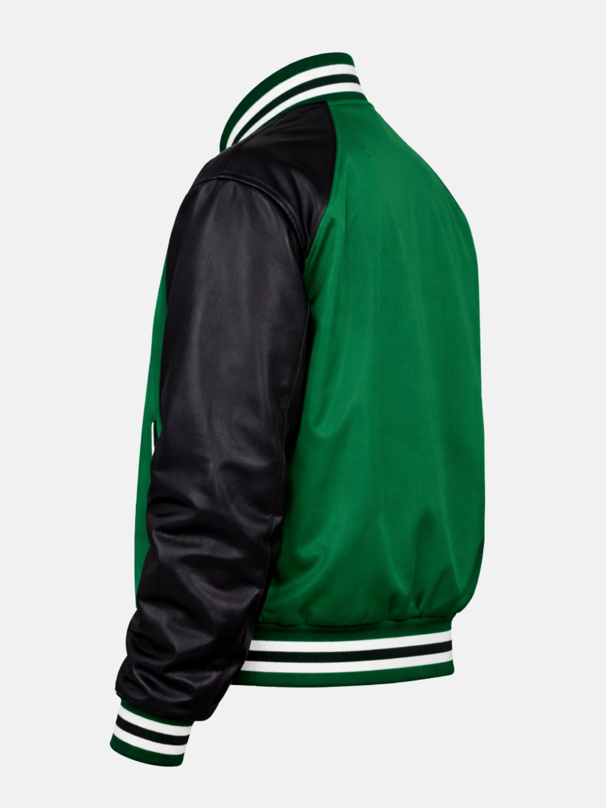 Flat lay side view of green satin jacket with black satin sleeve detail