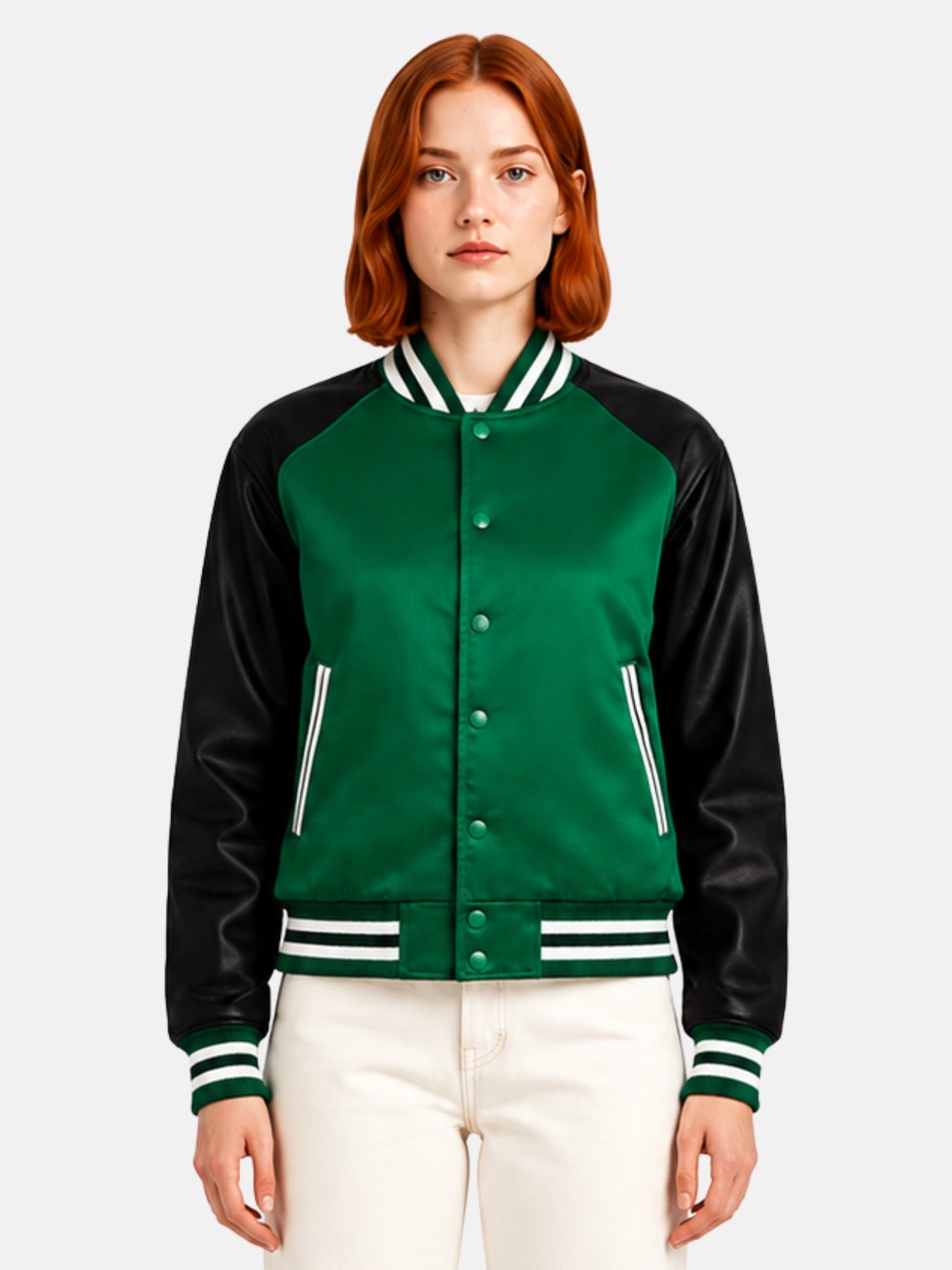 Green satin varsity jacket with black satin sleeves and ribbed collar