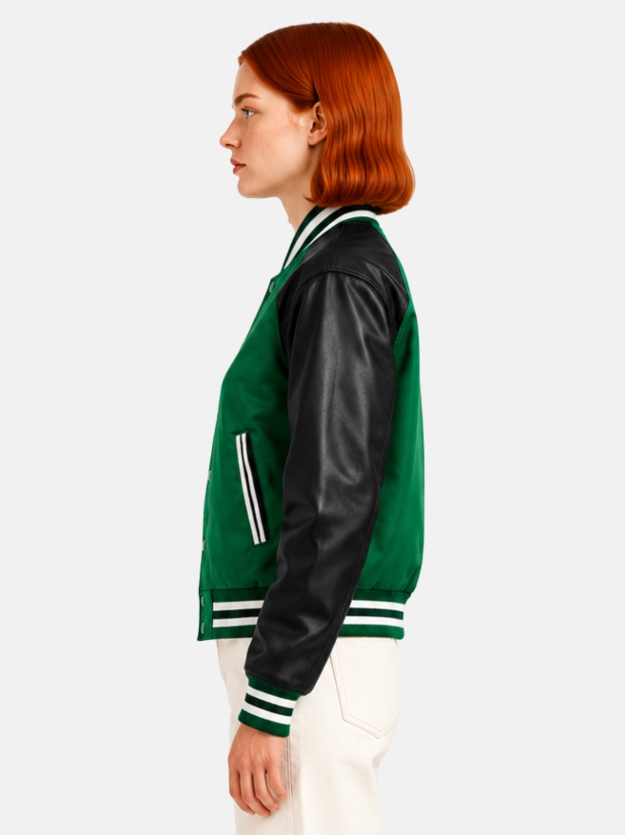 Side profile of green satin jacket showing black satin raglan sleeve