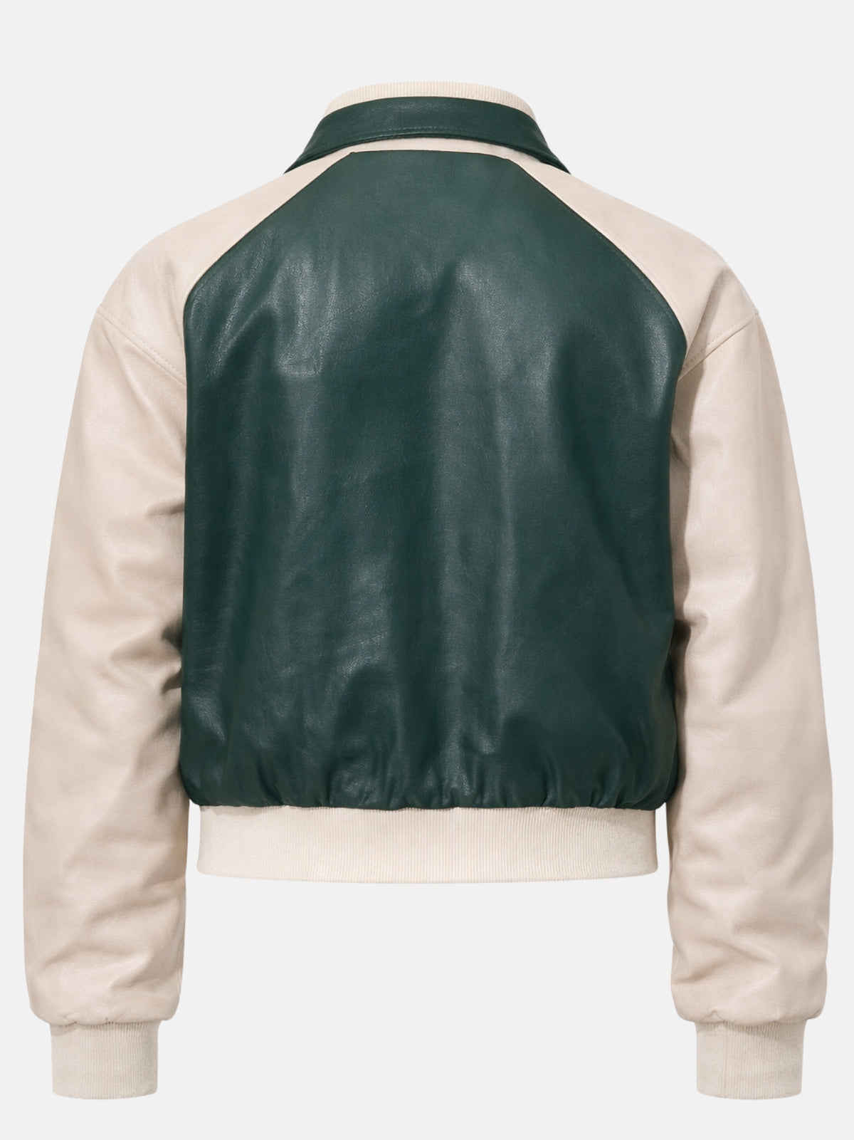 Green and cream women's leather varsity jacket, flat lay back, ghost/product-only