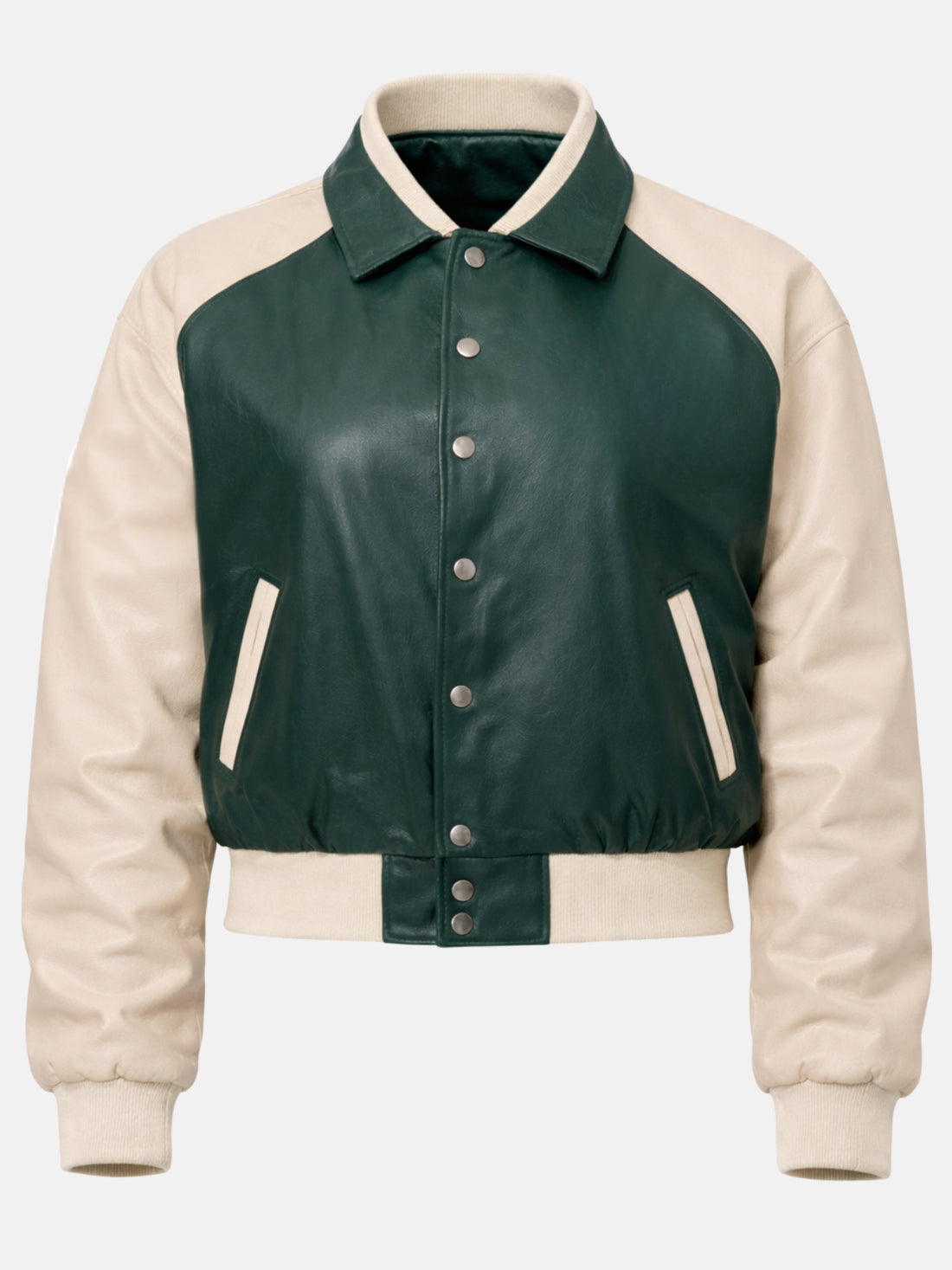 Green and cream women's leather varsity jacket, front view, on mode