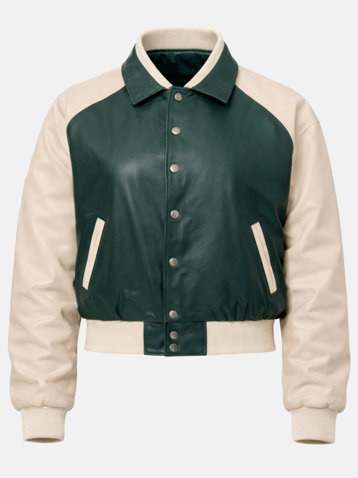 Green and cream women's leather varsity jacket, flat lay front, ghost/product-only