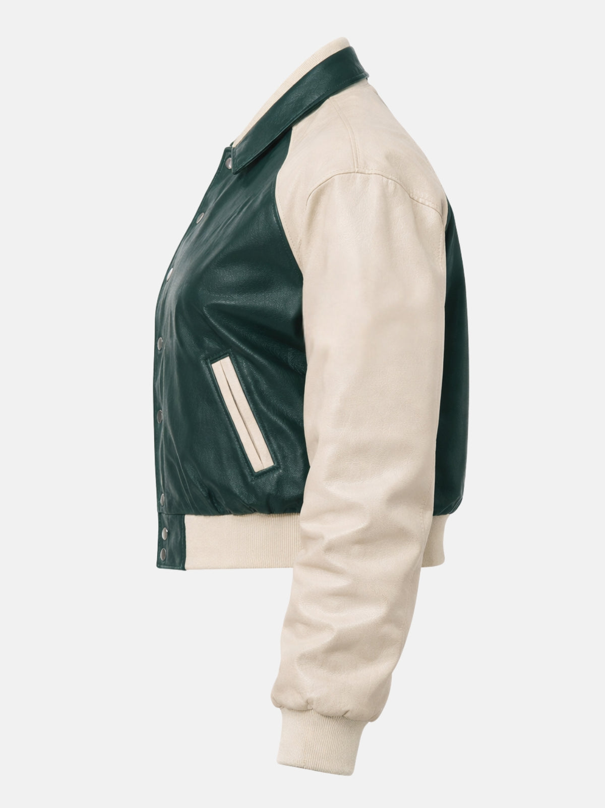 Green and cream women's leather varsity jacket, flat lay three-quarter side angle