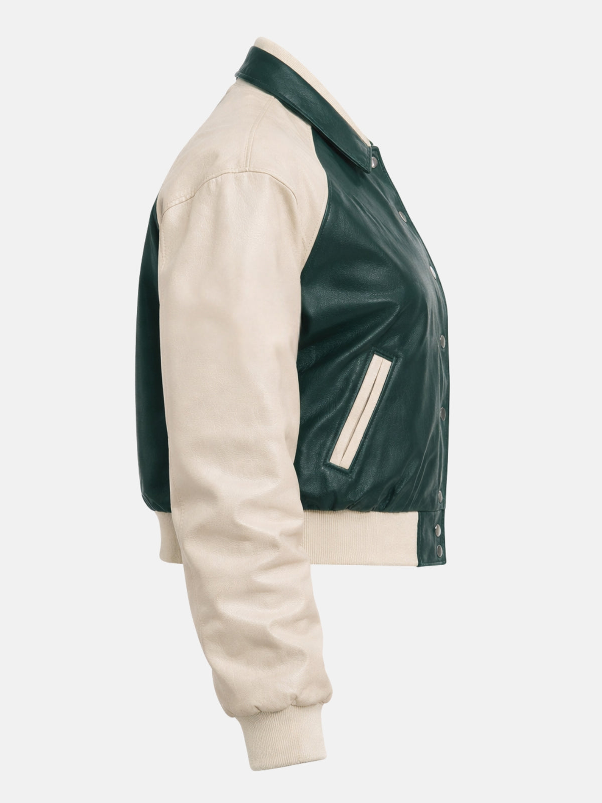Green and cream women's leather varsity jacket, flat lay three-quarter side angle
