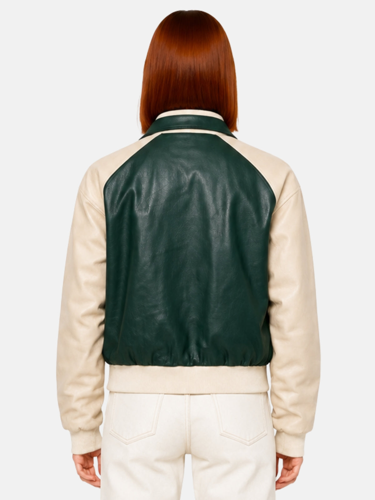 Green and cream women's leather varsity jacket, full back view, on model