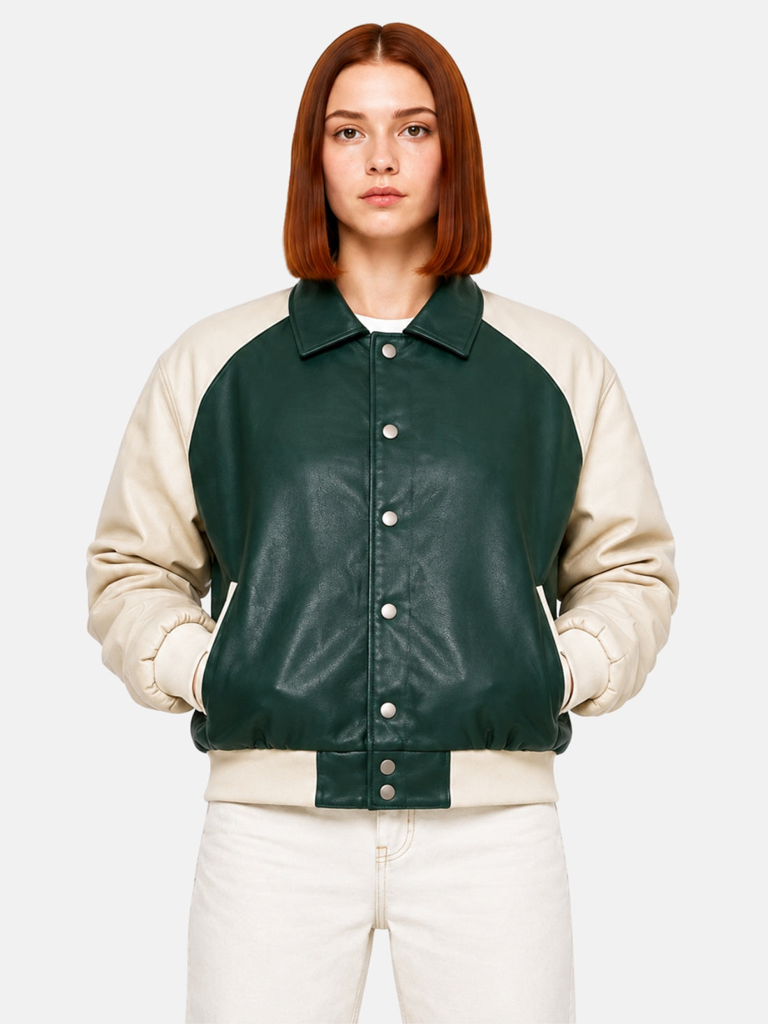 Green and cream women's leather varsity jacket, front view, on mode