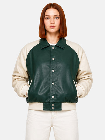 Green and cream women's leather varsity jacket, front view, on mode