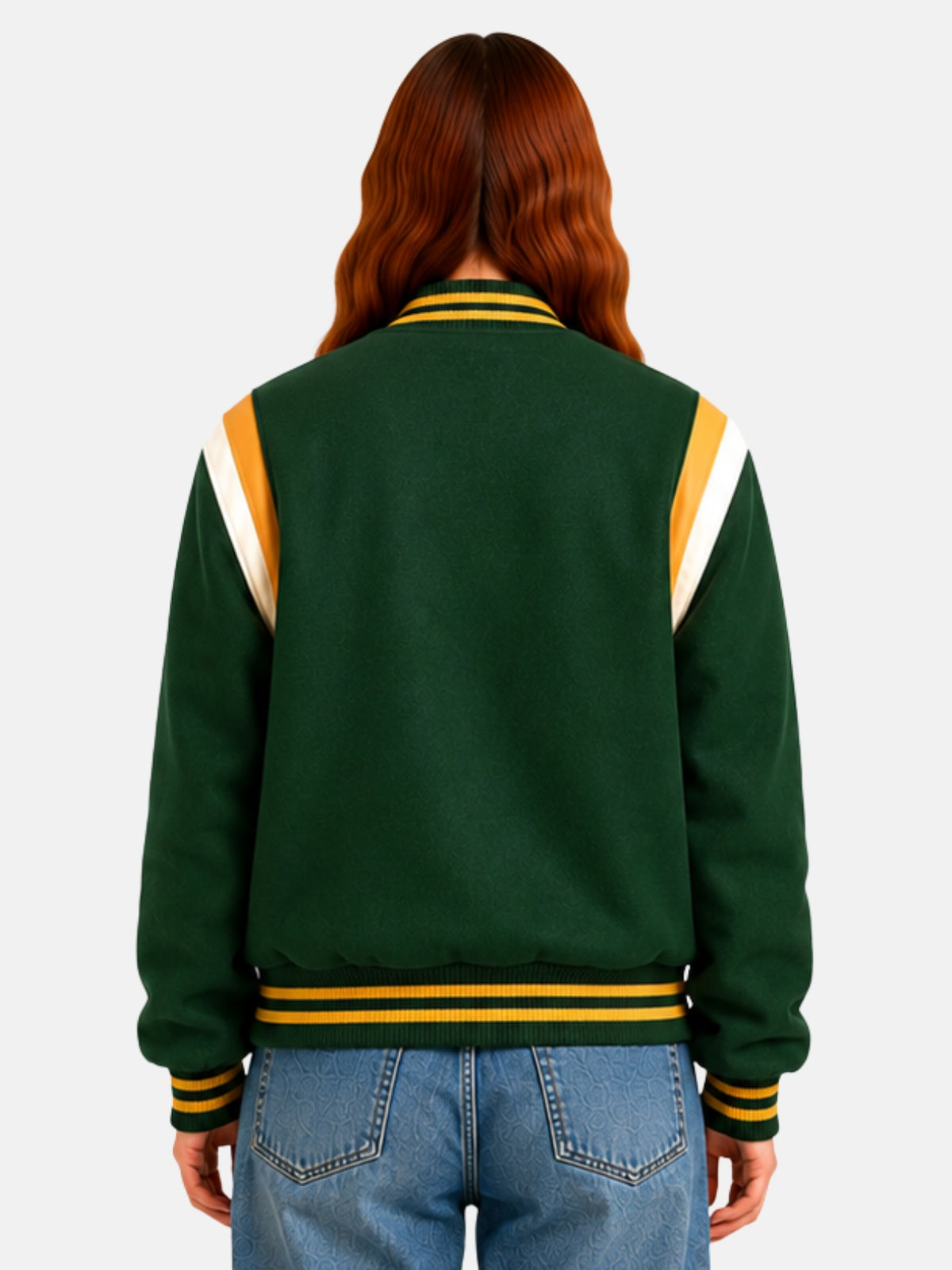 Back view of green letterman jacket with gold-and-cream sleeve panels