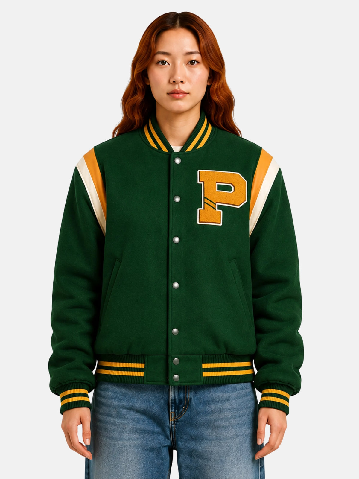 Green wool letterman jacket with gold chenille P patch on model